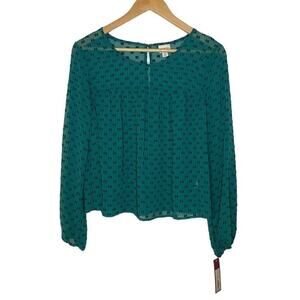 Merona Green Black Printed Sheer Crewneck Long Bishop Sleeve Flowy Flare